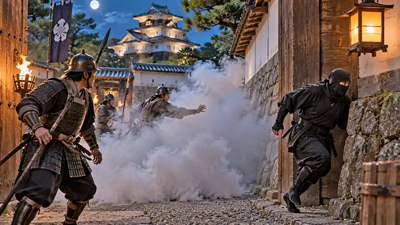 Ninja escaping around a castle wall while smoke blocks the view of pursuing guards