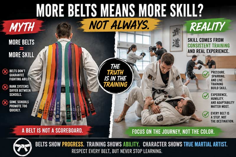 Myth vs reality image showing that martial arts belt rank does not always equal fighting skill, emphasizing training and experience over belt color.