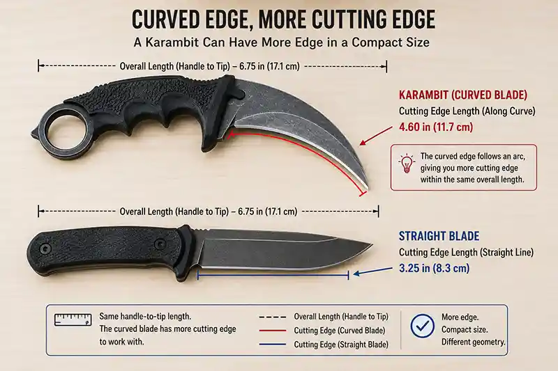 Curved karambit and straight knife compared by cutting-edge length
