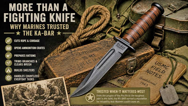 KA-BAR knife with WWII field gear showing its versatility beyond combat.