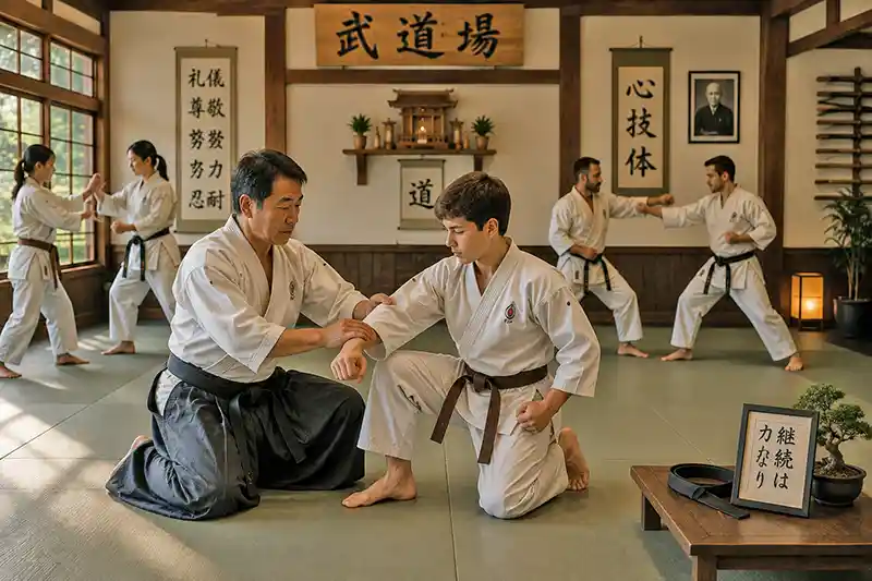 Martial arts instructor teaching a student inside a traditional dojo focused on lifelong learning and personal growth