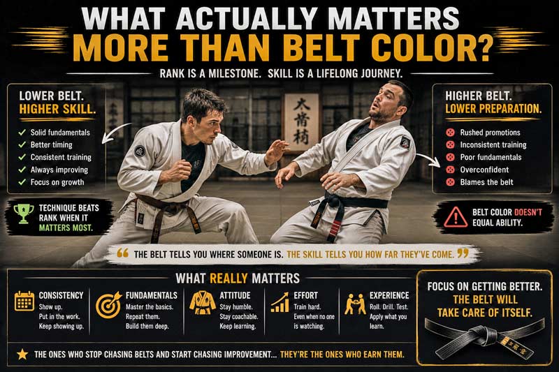Infographic showing why skill, consistency, and training matter more than belt color in martial arts.