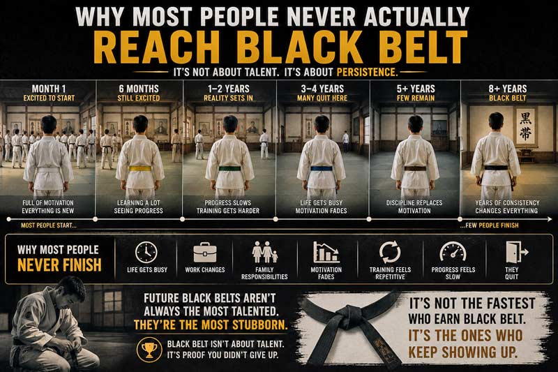 Infographic showing why most martial arts students quit before reaching black belt and how consistency leads to success.