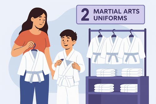 Mother helping her child choose a second martial arts uniform in a store.