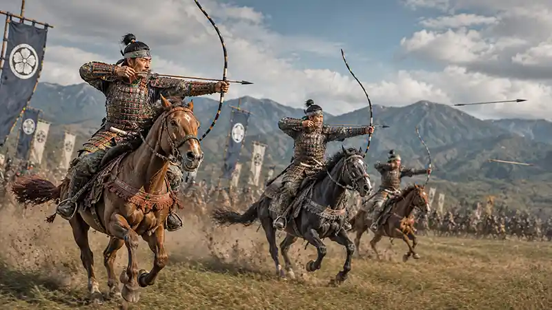 Mounted samurai archers firing yumi bows while galloping across a battlefield in feudal Japan.