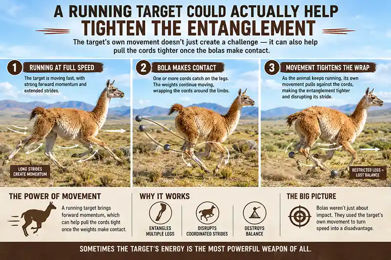 Running guanaco becoming entangled as bolas tighten around its legs