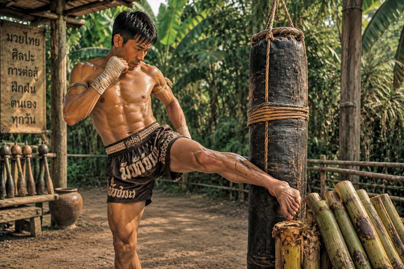 Muay Thai fighter practicing traditional shin conditioning by kicking a heavy bag in a rustic outdoor training camp.