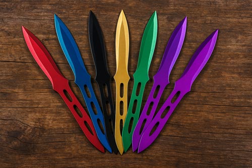 Multicolor throwing knives arranged in a fan pattern on a wooden surface