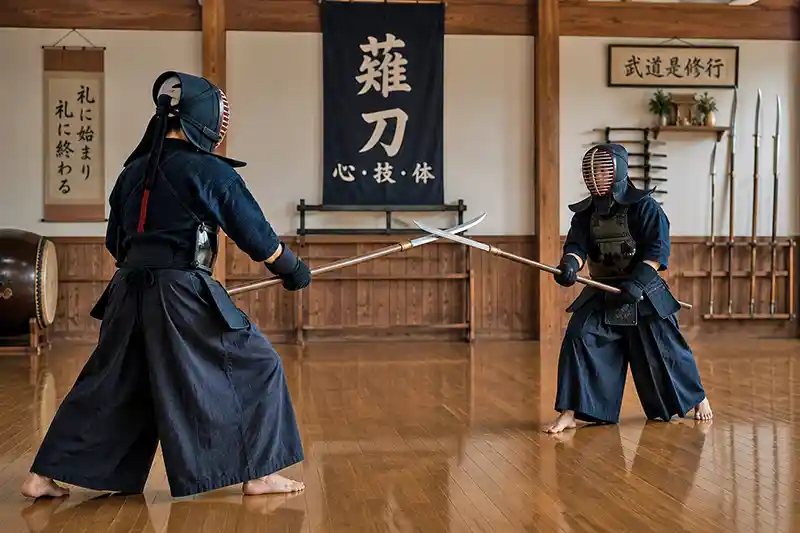 Two martial artists practicing naginata techniques in a traditional Japanese dojo.