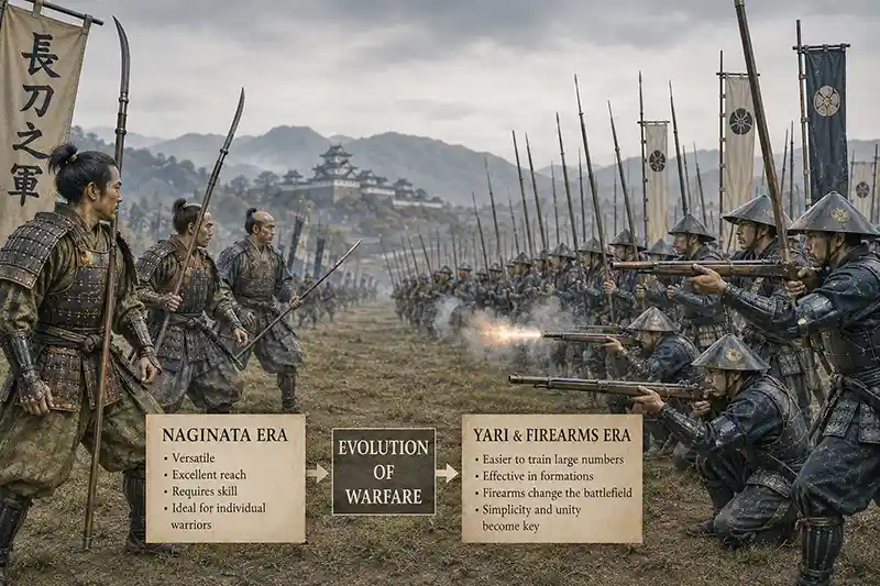Transition from naginata warriors to yari soldiers and matchlock gunners on the battlefield.