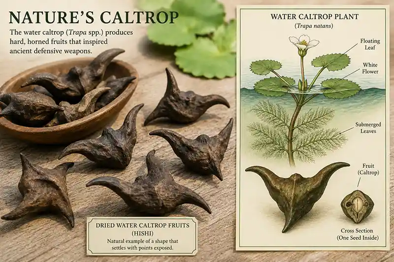Dried water caltrop fruits beside botanical illustration