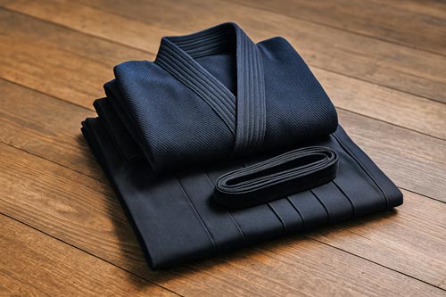 Folded kendo uniform with keikogi and hakama on a wooden dojo floor.