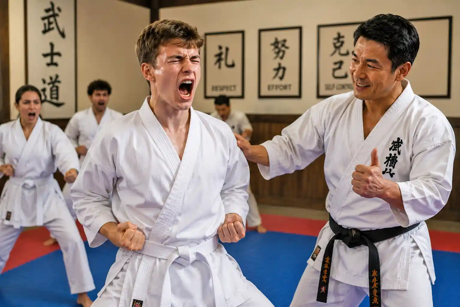 Beginner karate student practicing a kiai while receiving encouragement from an instructor in a dojo