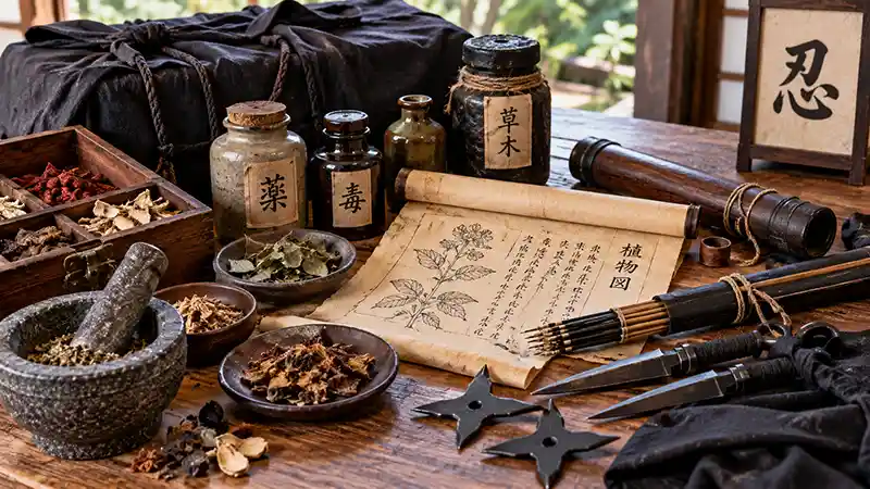 Historical ninja kit displayed with medicinal herbs, poison containers, darts, and traditional weapons