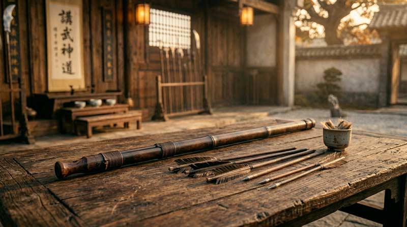 Traditional martial arts blowgun with practice darts resting on a rustic wooden table in a historical-style display scene