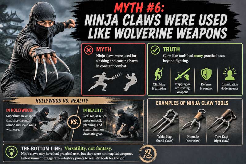 Infographic debunking the myth that ninja claws were used like Wolverine-style weapons.