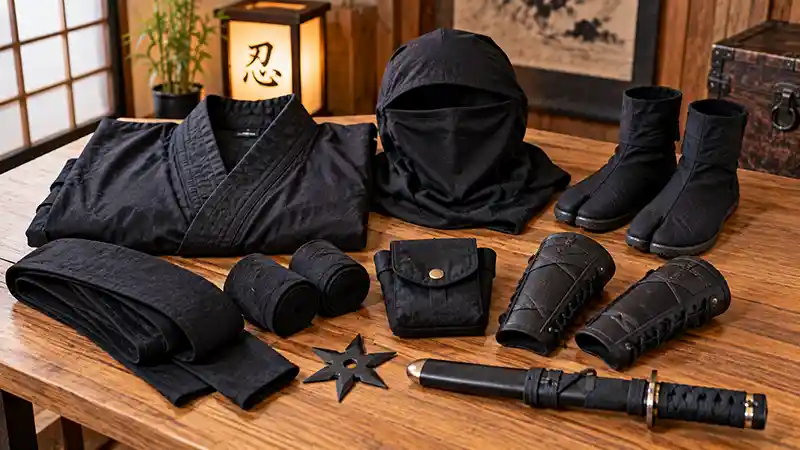 Black ninja costume with hood, tabi boots, wraps, pouch, arm guards, and accessories arranged on a table