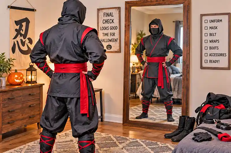 Adult ninja checking a complete black and red Halloween costume in a full-length mirror