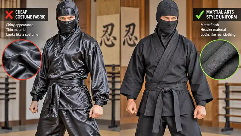 Ninja costume comparison showing shiny costume fabric beside a realistic martial arts-style uniform