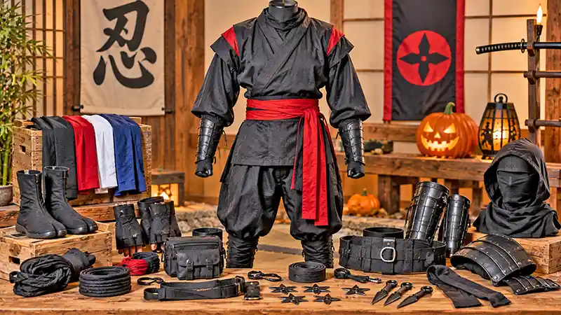 Ninja costume displayed with masks, belts, arm guards, tabi boots, and other accessories