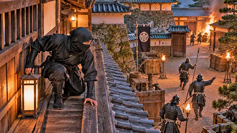 Ninja using a distant fire to distract guards inside a Japanese castle compound