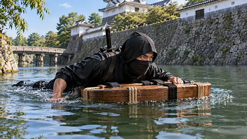 Ninja using a wooden flotation device to cross a Japanese castle moat