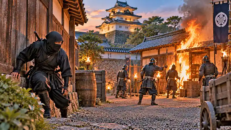 Ninja escaping while guards are distracted by a fire inside a Japanese castle compound