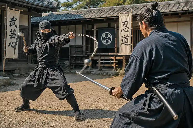 Kusarigama wielder swinging a weighted chain toward a swordsman.