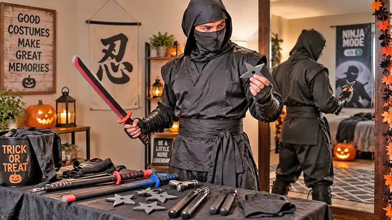 Adult ninja choosing safe costume props while preparing a Halloween costume