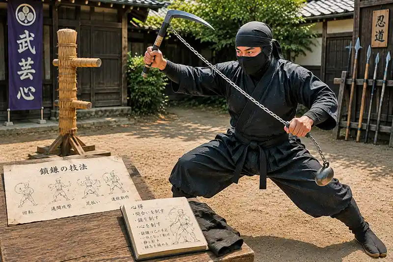 Kusarigama practitioner training with a connected sickle, chain, and weighted ball.