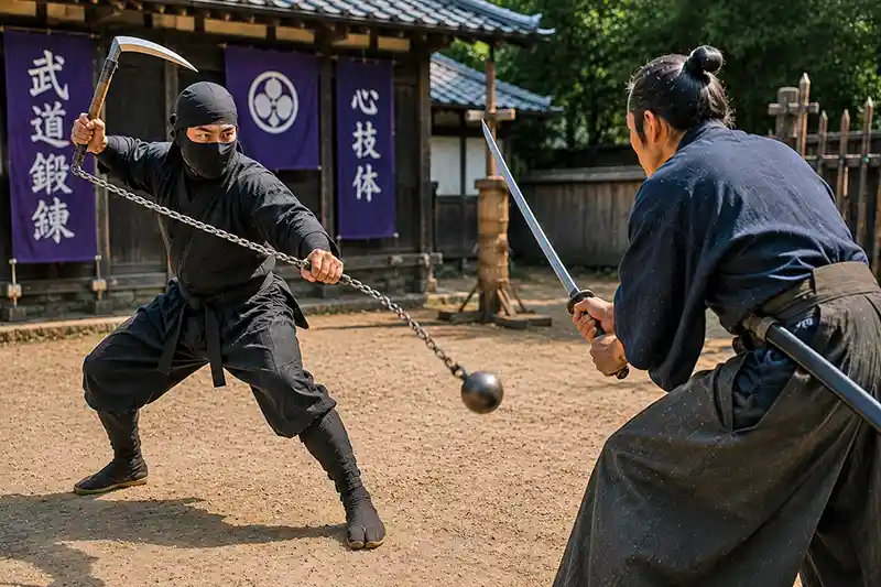 Kusarigama wielder confronting a swordsman with a connected sickle, chain, and weighted ball.