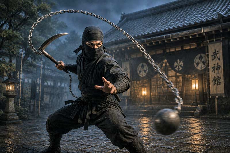 Martial artist wielding a kusarigama with a spinning chain and weighted ball in a traditional courtyard at night