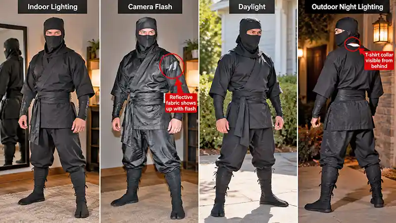 Black ninja costume shown under indoor light, camera flash, daylight, and outdoor night lighting