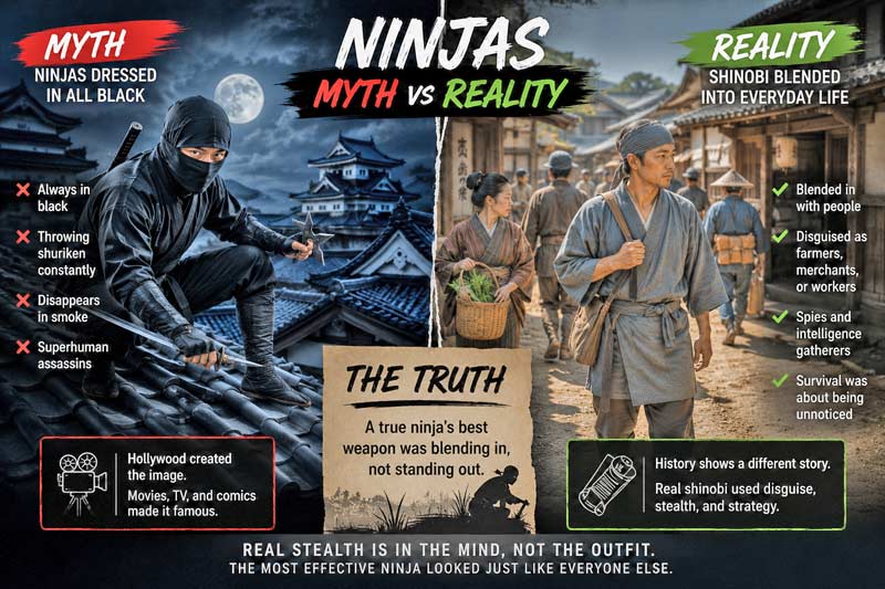 Myth vs reality image comparing Hollywood ninjas dressed in black with historically accurate shinobi blending into everyday Japanese society.