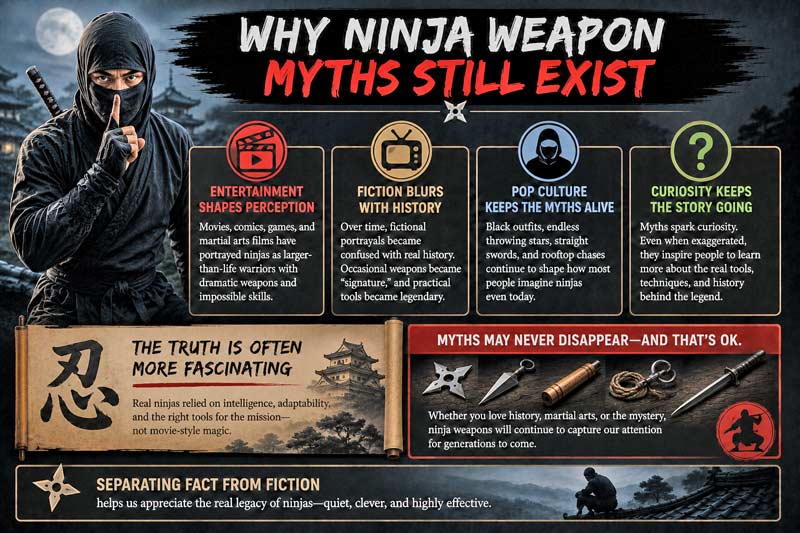 Infographic explaining why myths about ninja weapons still exist in movies and pop culture.