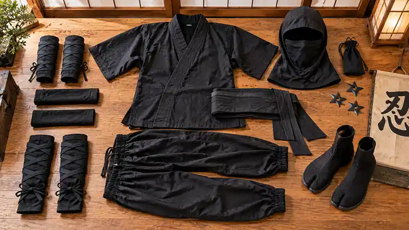 Black ninja uniform with hood, tabi boots, sash, wraps, and accessories arranged in layers