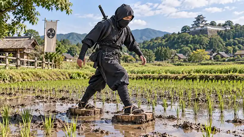Ninja using broad wooden platforms to cross a muddy Japanese rice paddy
