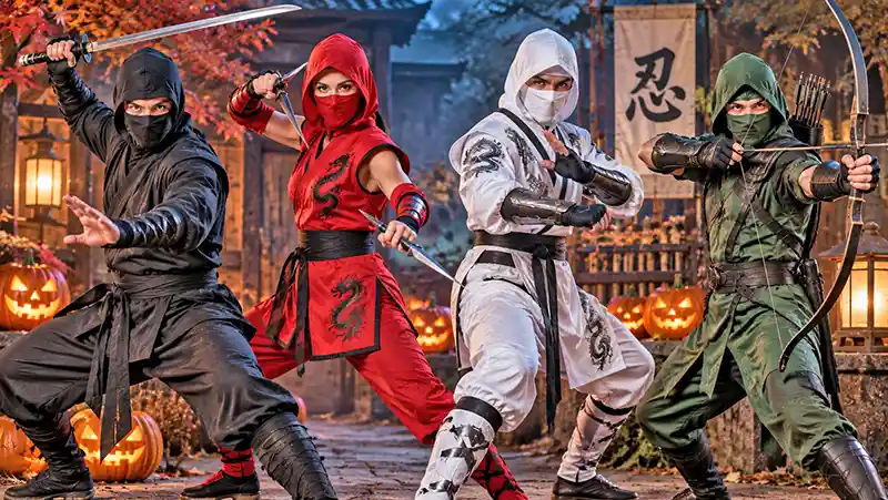Four adult ninjas in black, red, white, and green costumes posing in a Halloween setting