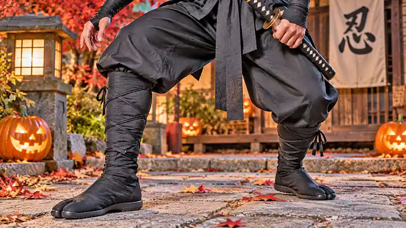 Adult ninja wearing black split-toe tabi boots and leg wraps in a Halloween setting