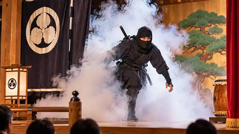 Black-clad ninja emerging through theatrical smoke on a traditional Japanese stage