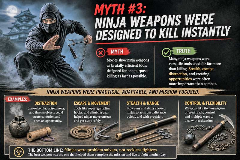 Infographic debunking the myth that ninja weapons were designed only to kill instantly.