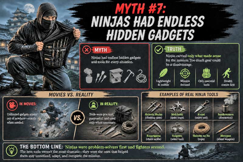 Infographic debunking the myth that ninjas carried endless hidden gadgets.