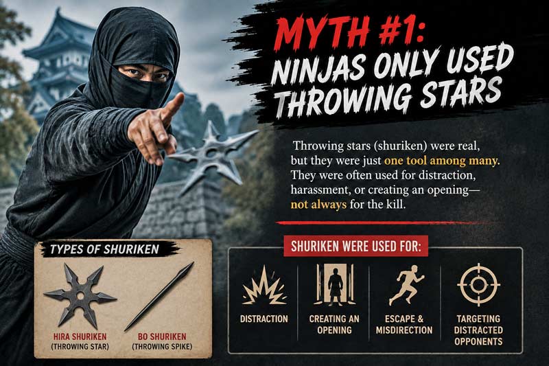 Ninja throwing stars myth infographic showing shuriken were only one of many ninja weapons.