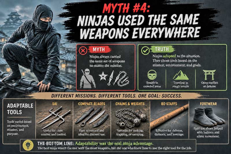 Infographic debunking the myth that ninjas used the same weapons for every mission.
