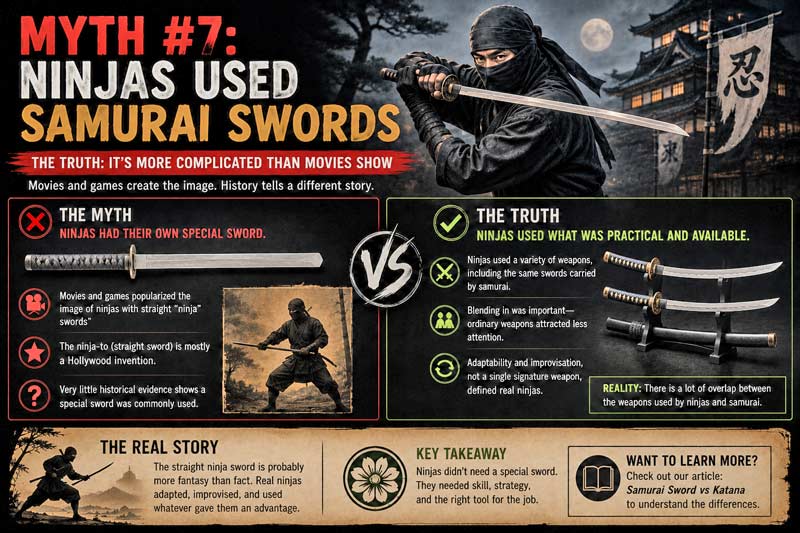 Infographic explaining the myth that ninjas used special samurai swords and the reality of ninja weapons.