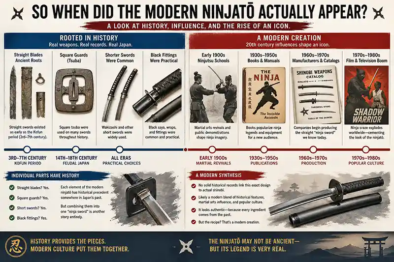 Timeline showing the historical influences and modern emergence of the ninjato