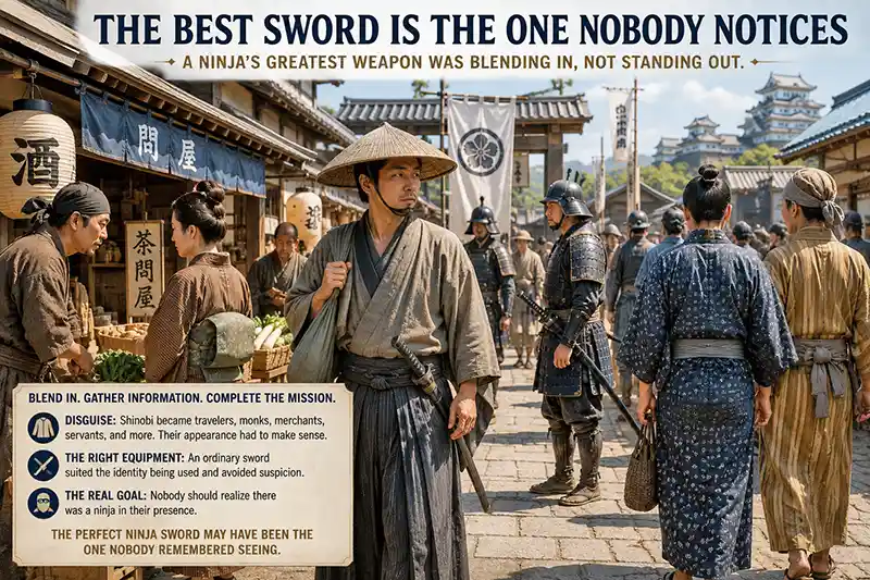 Disguised shinobi blending into a busy Japanese marketplace