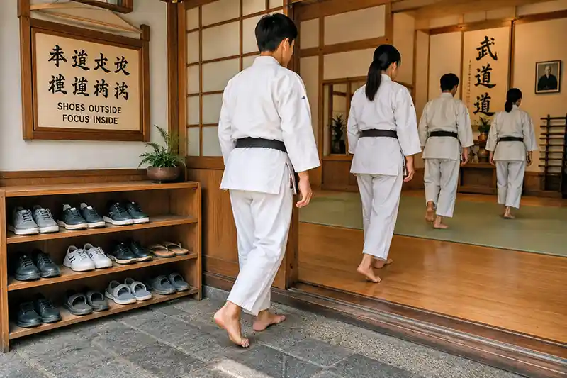 Barefoot martial arts students leaving their shoes outside before entering a traditional dojo