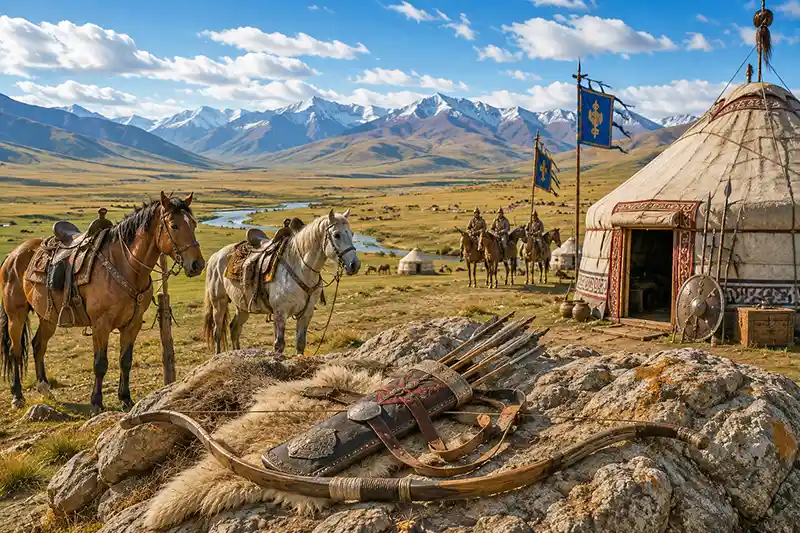 Nomadic Steppe Camp with Horses and Gear
