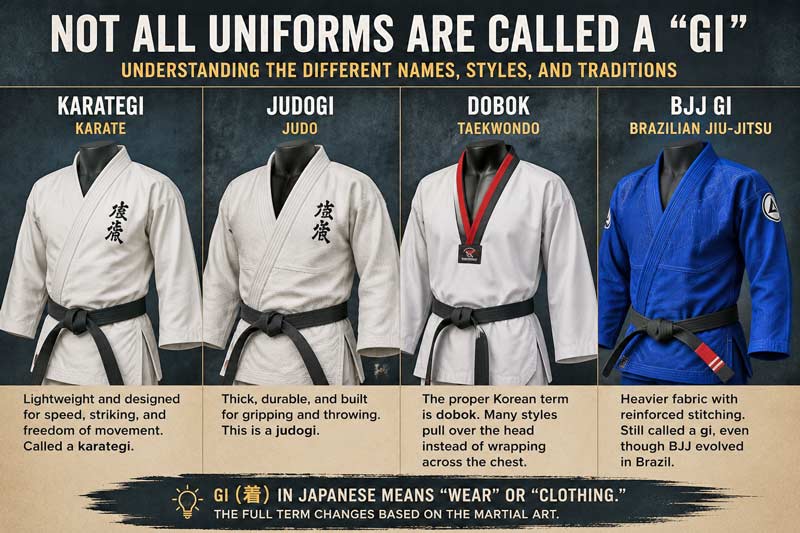 Comparison of martial arts uniforms including karategi, judogi, taekwondo dobok, and Brazilian jiu-jitsu gi with explanations of their differences.